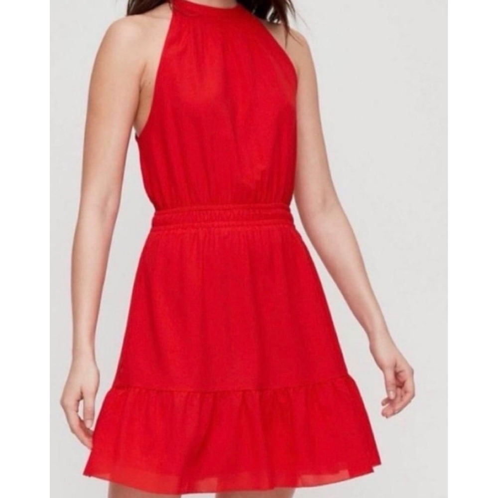 Wilfred Aritzia Red Halter Mini Dress Smocked Waist Ruffle Hem Size M
